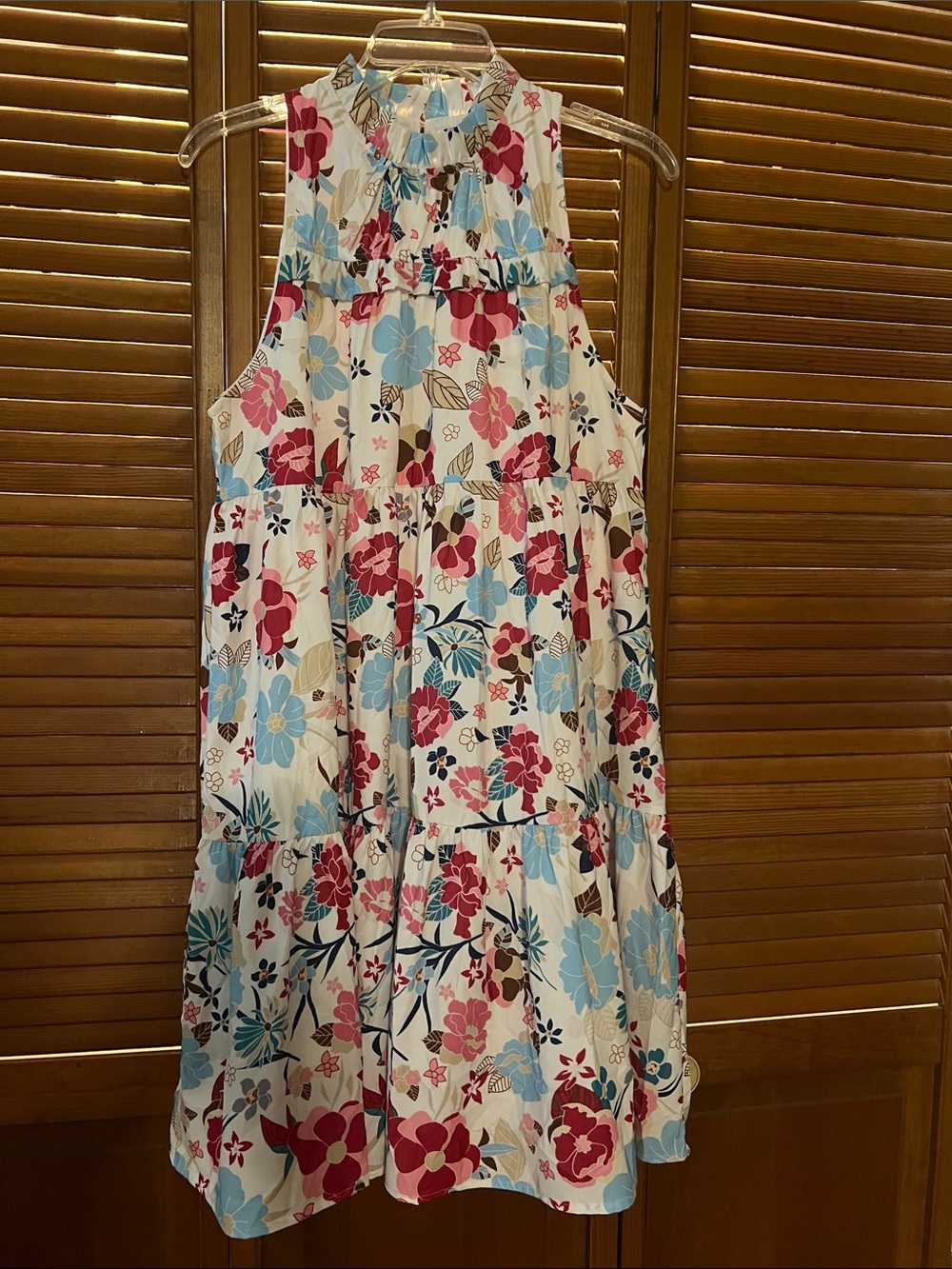 Girls Floral Tiered Halter Dress - White with Pink & Blue Flowers